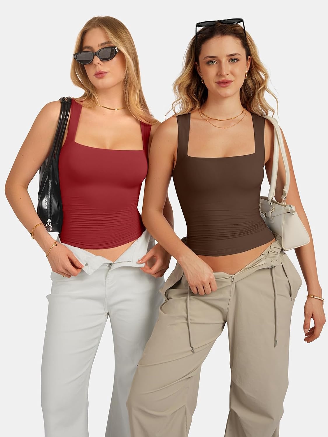 image:imageATHMILE Tank Tops for Women Square Neck Sleeveless DoubleLayer Tank Tops Basic Tight T ShirtsChestnut