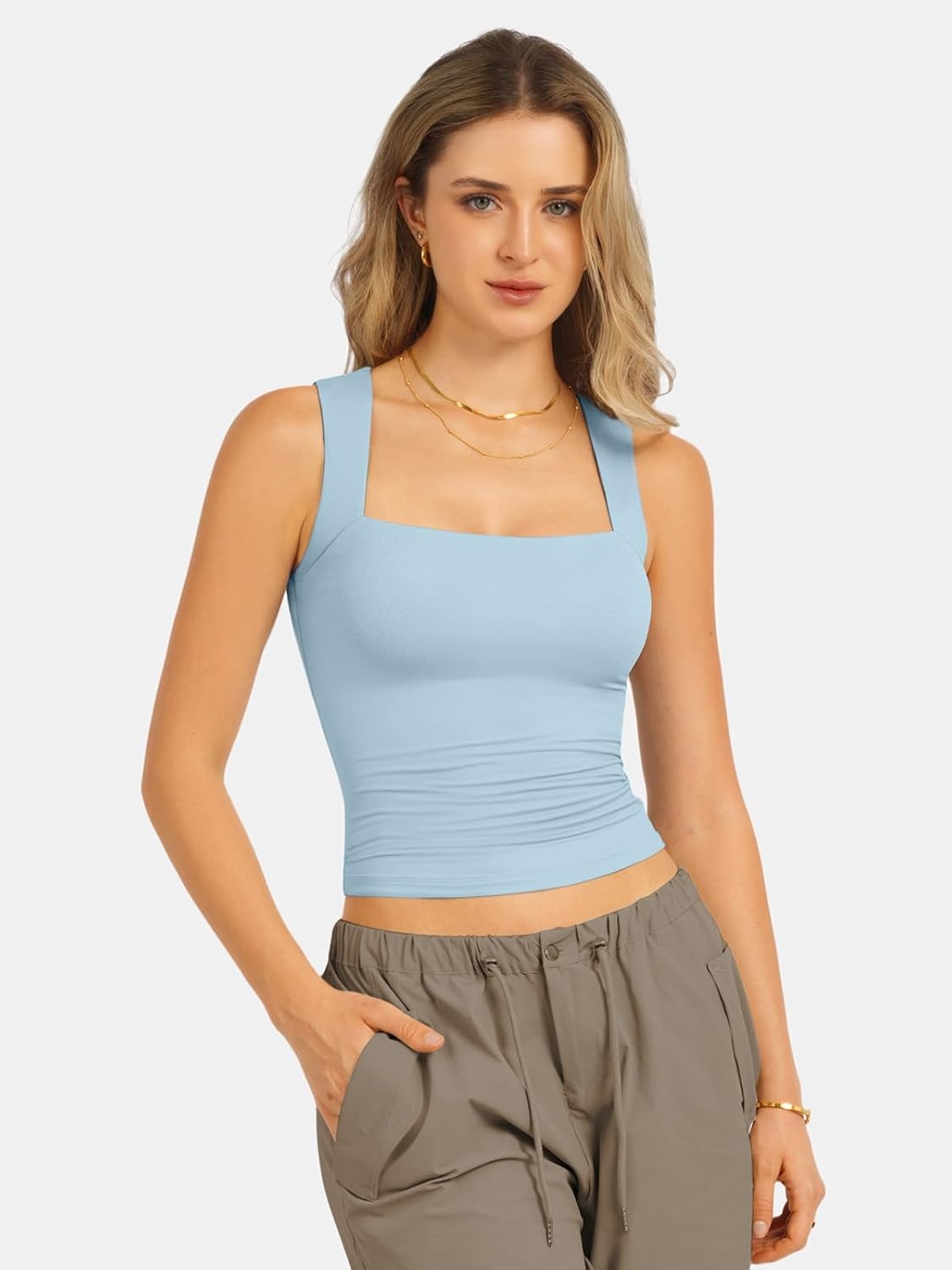 image:imageATHMILE Tank Tops for Women Square Neck Sleeveless DoubleLayer Tank Tops Basic Tight T ShirtsLight Blue