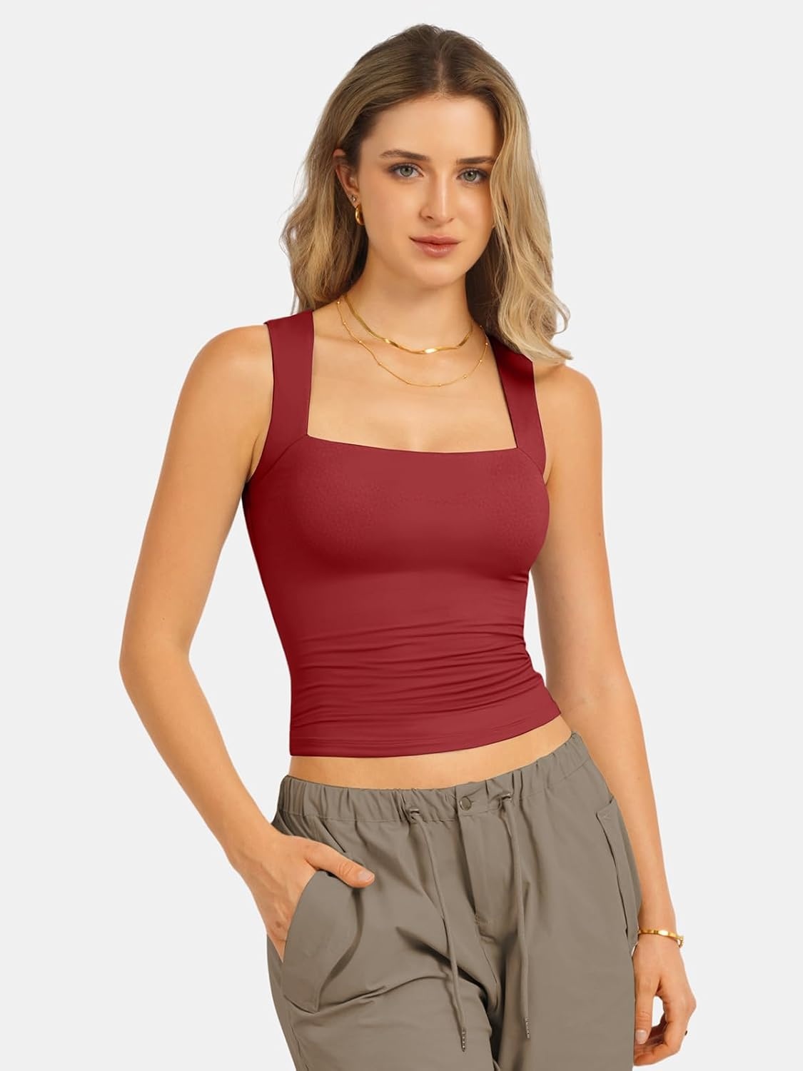 image:imageATHMILE Tank Tops for Women Square Neck Sleeveless DoubleLayer Tank Tops Basic Tight T ShirtsRed