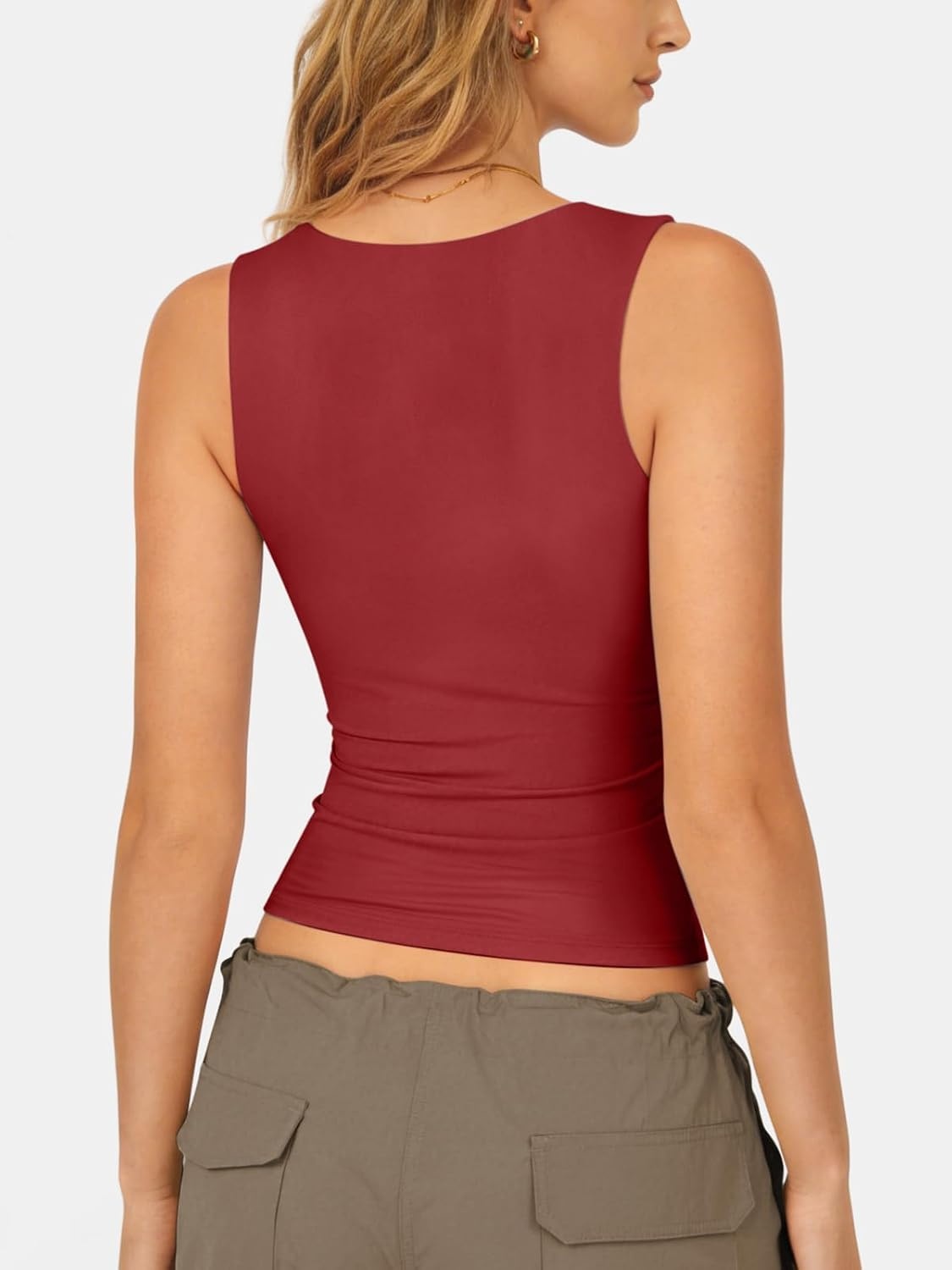 image:imageATHMILE Tank Tops for Women Square Neck Sleeveless DoubleLayer Tank Tops Basic Tight T ShirtsRed