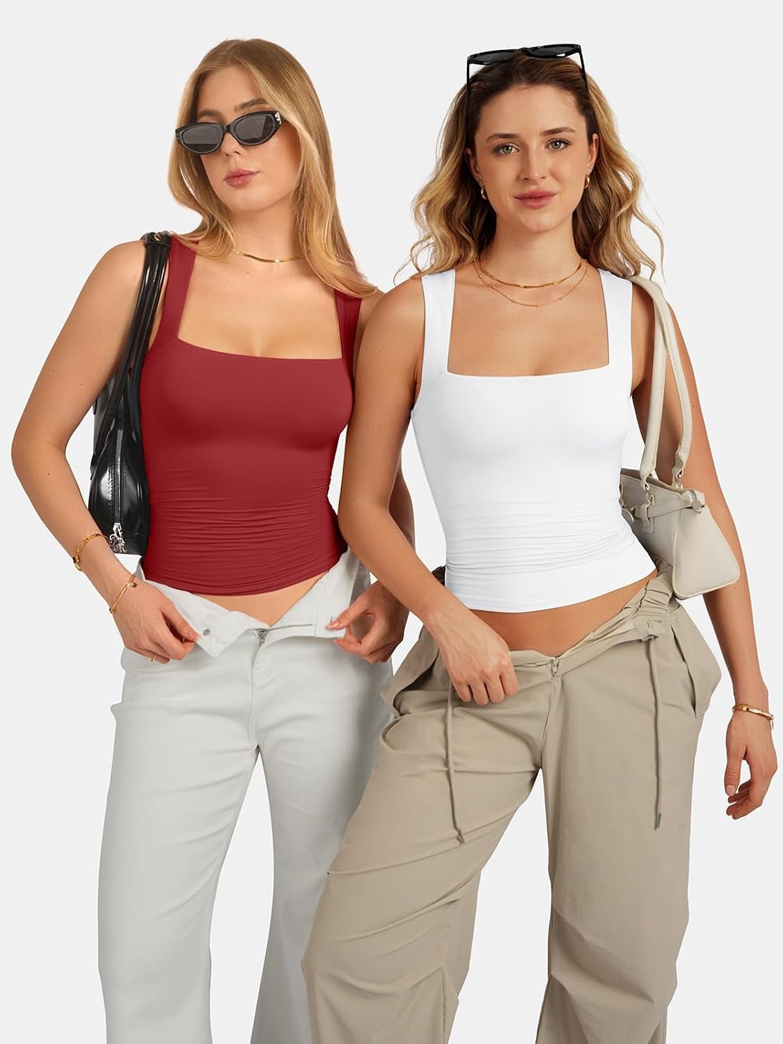 image:imageATHMILE Tank Tops for Women Square Neck Sleeveless DoubleLayer Tank Tops Basic Tight T ShirtsRed
