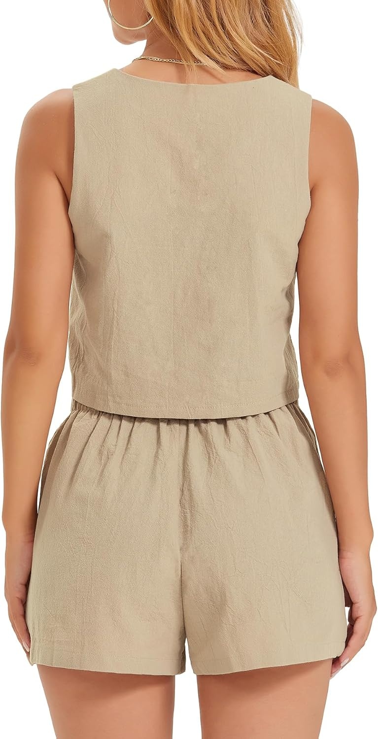 image:imageATHMILE Womens 2 Piece Outfits Lounge Matching Sets Two Piece Linen Shorts Crop Tops 2023 Trendy Clothes Summer Vacation SetKhaki