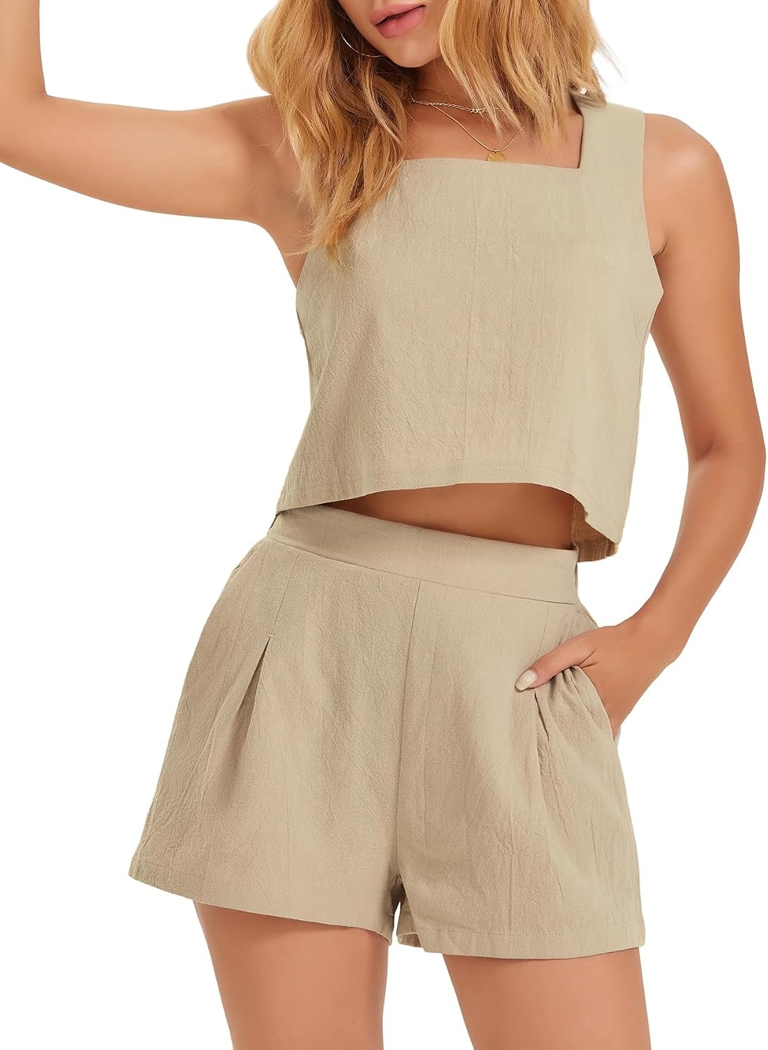 image:imageATHMILE Womens 2 Piece Outfits Lounge Matching Sets Two Piece Linen Shorts Crop Tops 2023 Trendy Clothes Summer Vacation SetKhaki