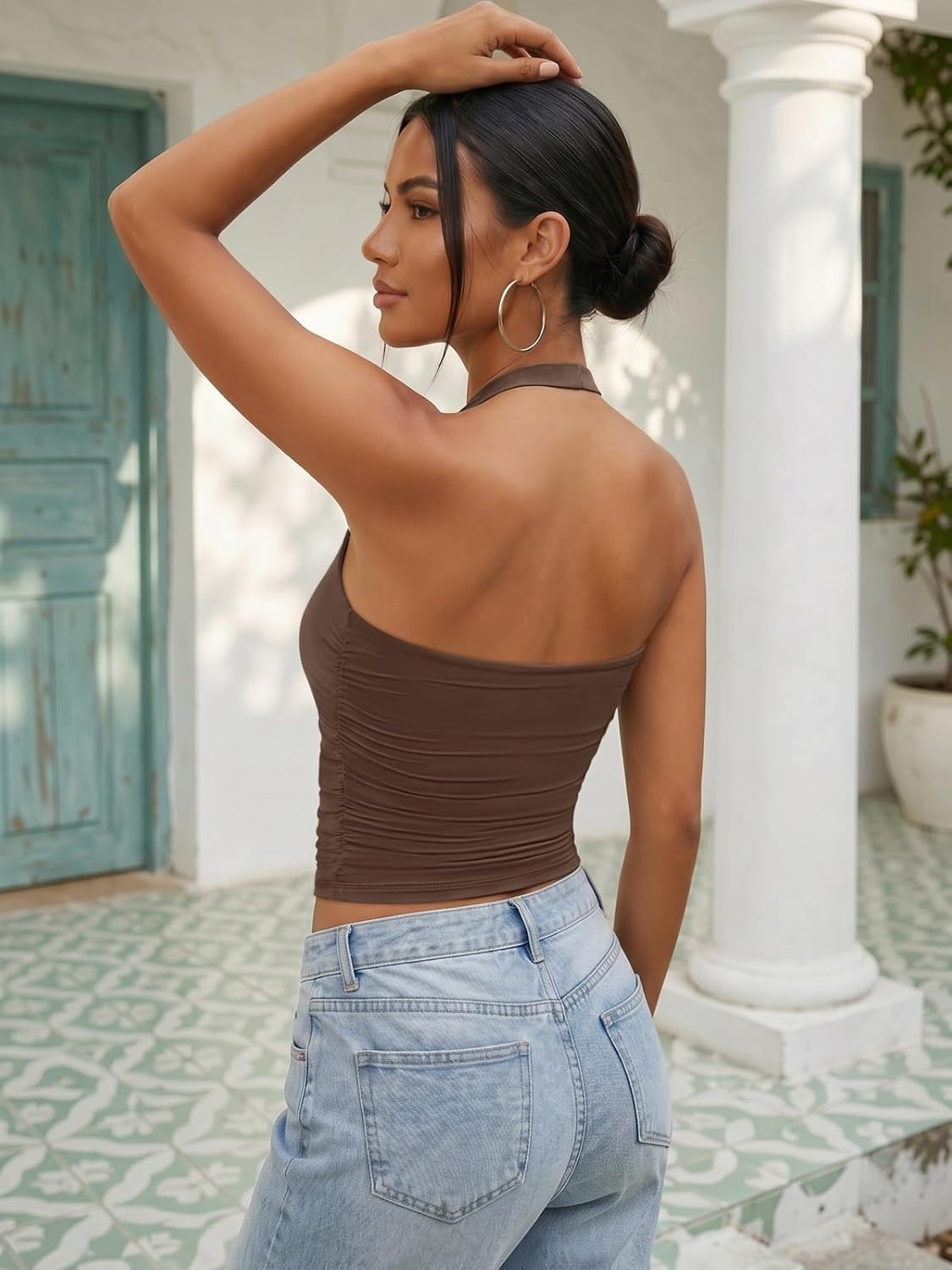 image:imageATHMILE Womens Halter Tank Tops Sexy Backless Double Lined Basic Shirts Y2K Trendy Going Out TopsBrown