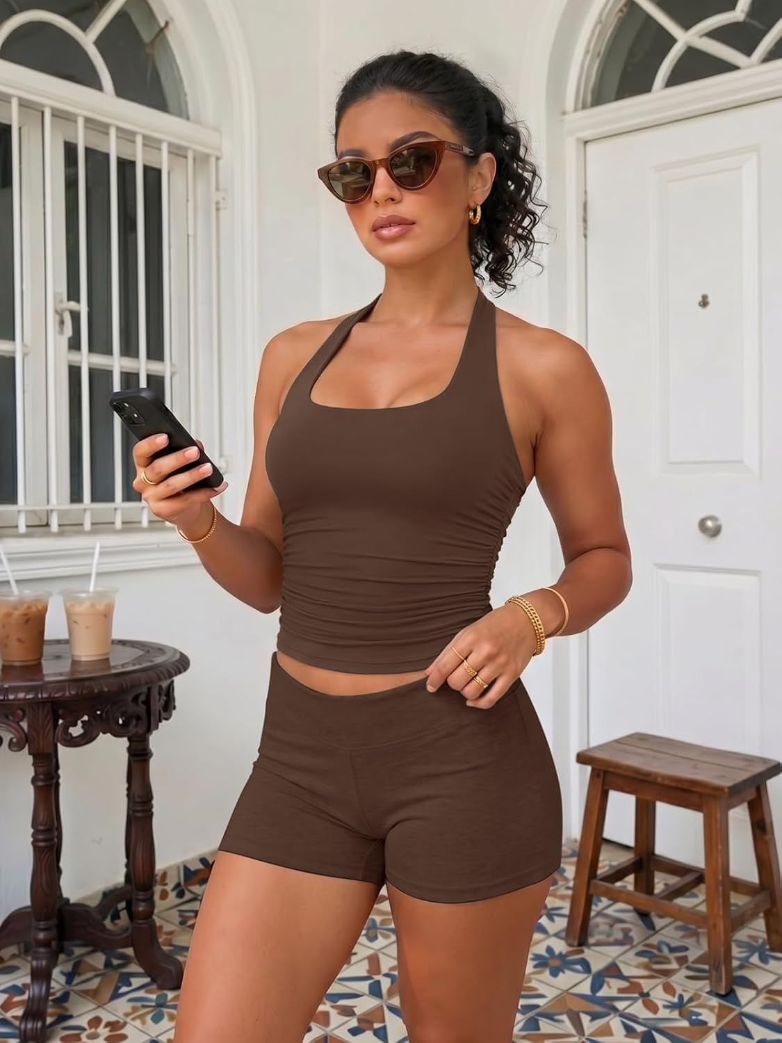 image:imageATHMILE Womens Halter Tank Tops Sexy Backless Double Lined Basic Shirts Y2K Trendy Going Out TopsBrown