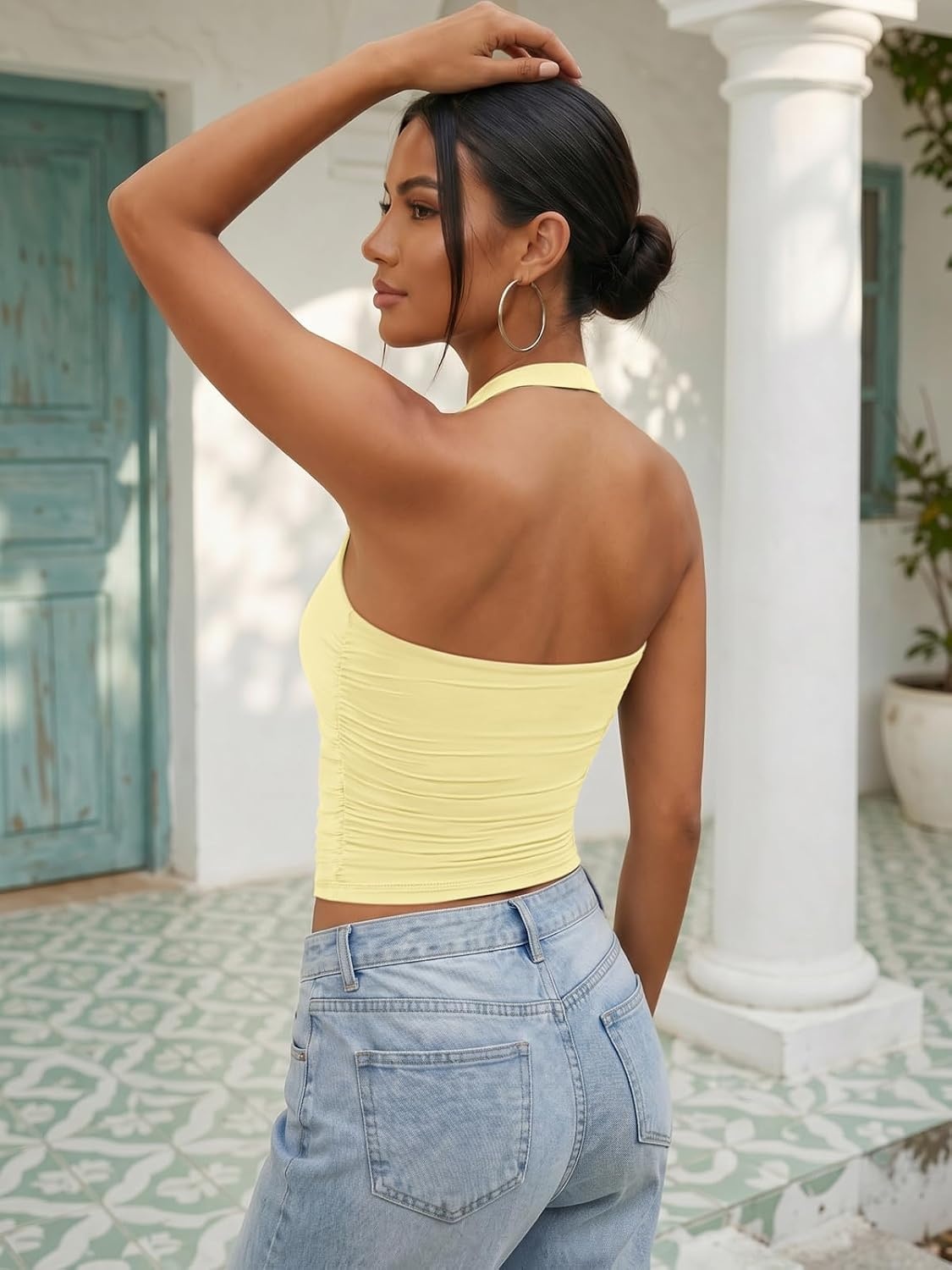 image:imageATHMILE Womens Halter Tank Tops Sexy Backless Double Lined Basic Shirts Y2K Trendy Going Out TopsLight Yellow