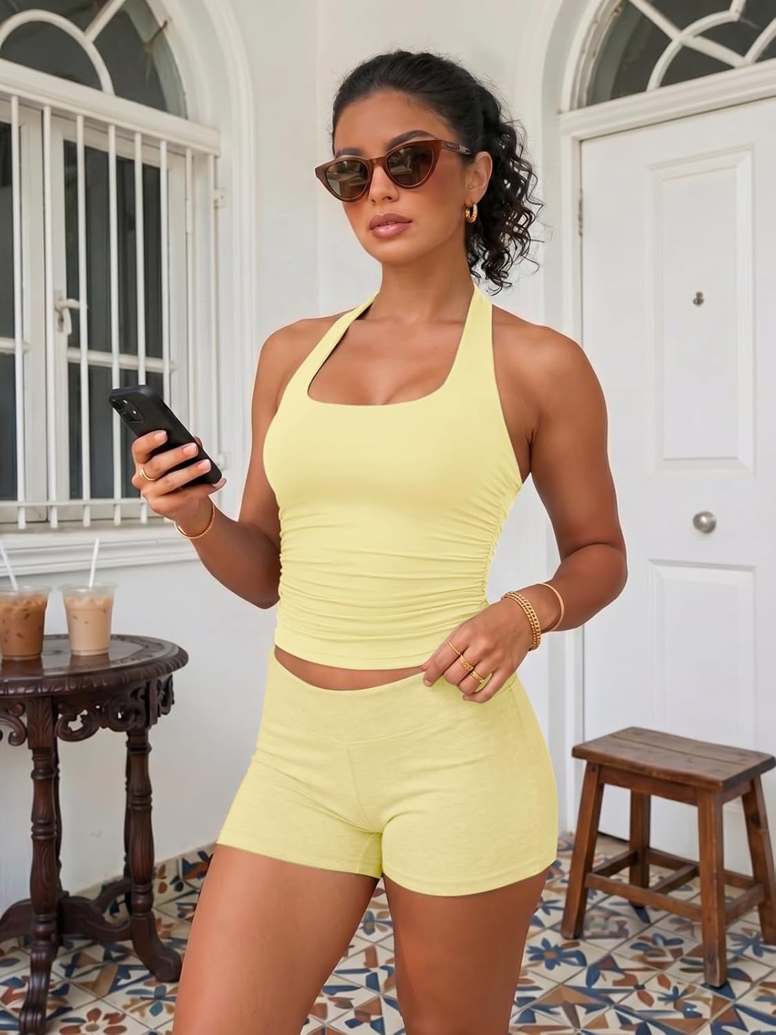 image:imageATHMILE Womens Halter Tank Tops Sexy Backless Double Lined Basic Shirts Y2K Trendy Going Out TopsLight Yellow