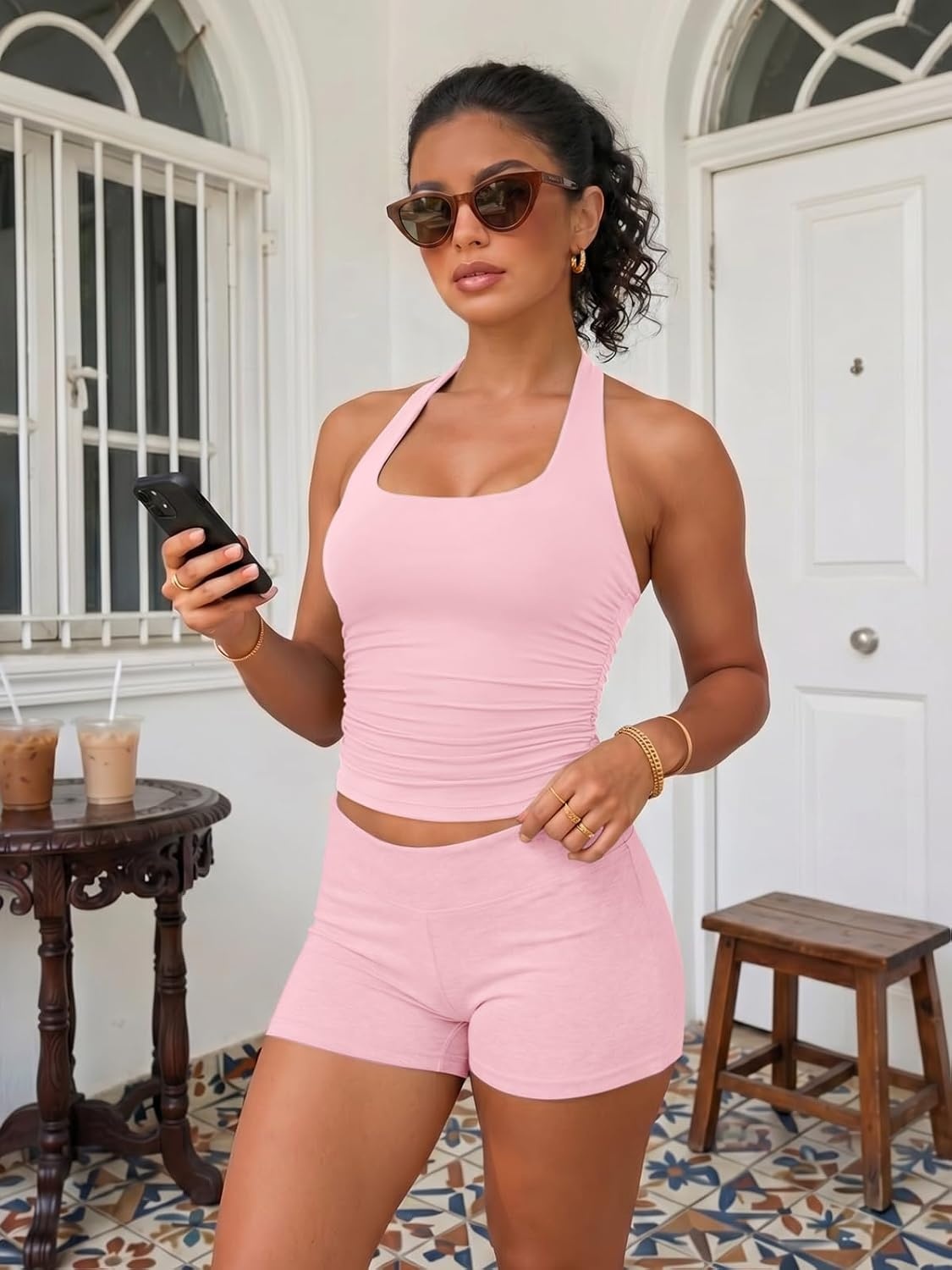 image:imageATHMILE Womens Halter Tank Tops Sexy Backless Double Lined Basic Shirts Y2K Trendy Going Out TopsPink