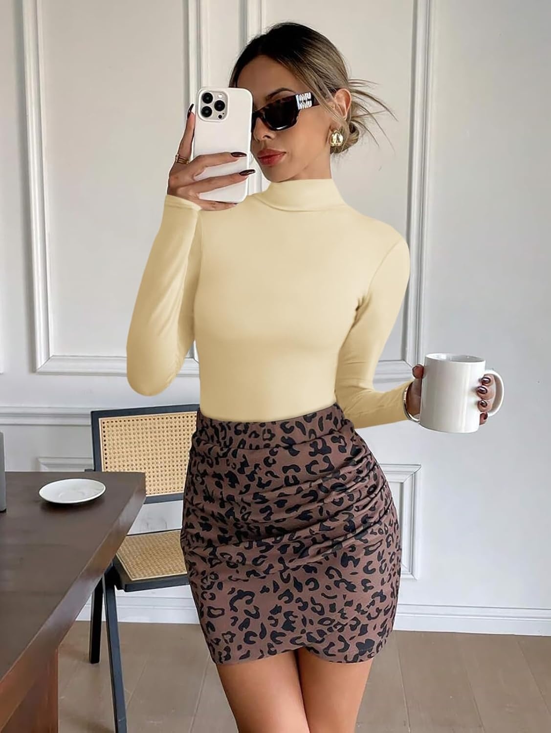 image:imageATHMILE Womens Mock Turtle Neck Long Sleeve Tops Bodysuit JumpsuitApricot