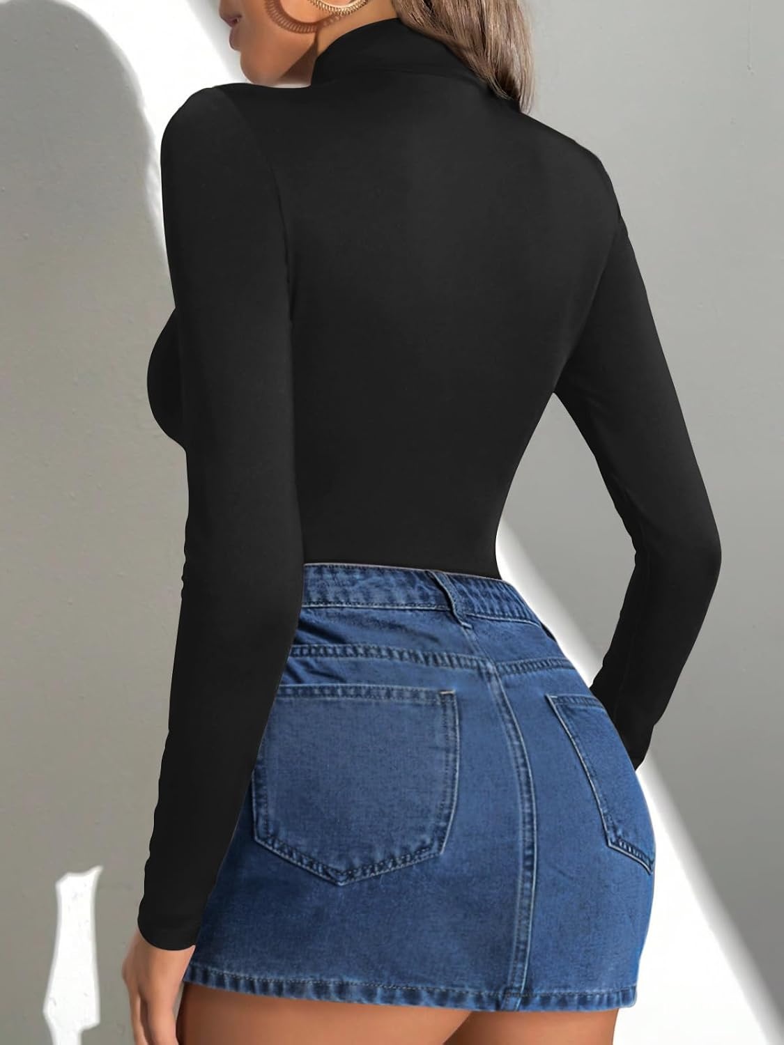 image:imageATHMILE Womens Mock Turtle Neck Long Sleeve Tops Bodysuit JumpsuitBlack