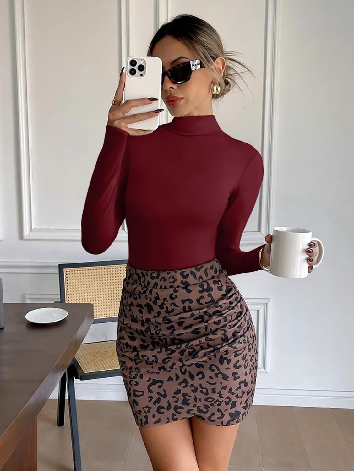image:imageATHMILE Womens Mock Turtle Neck Long Sleeve Tops Bodysuit JumpsuitBurgundy