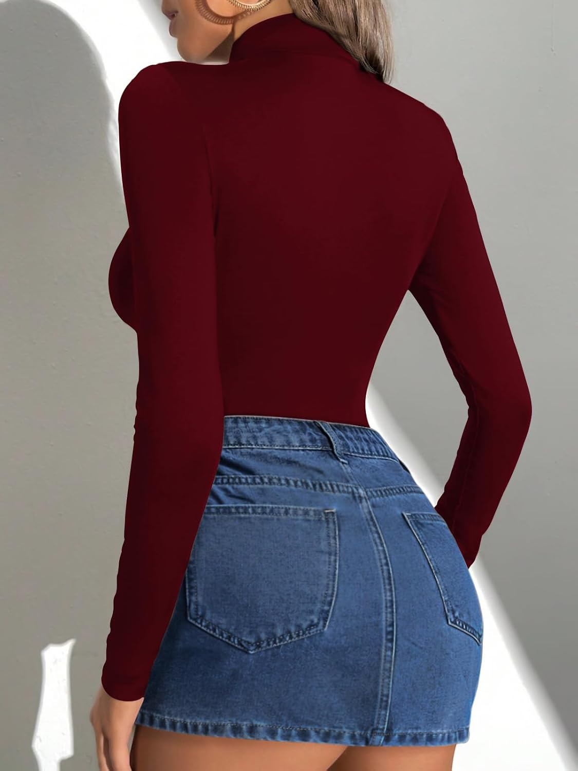 image:imageATHMILE Womens Mock Turtle Neck Long Sleeve Tops Bodysuit JumpsuitBurgundy
