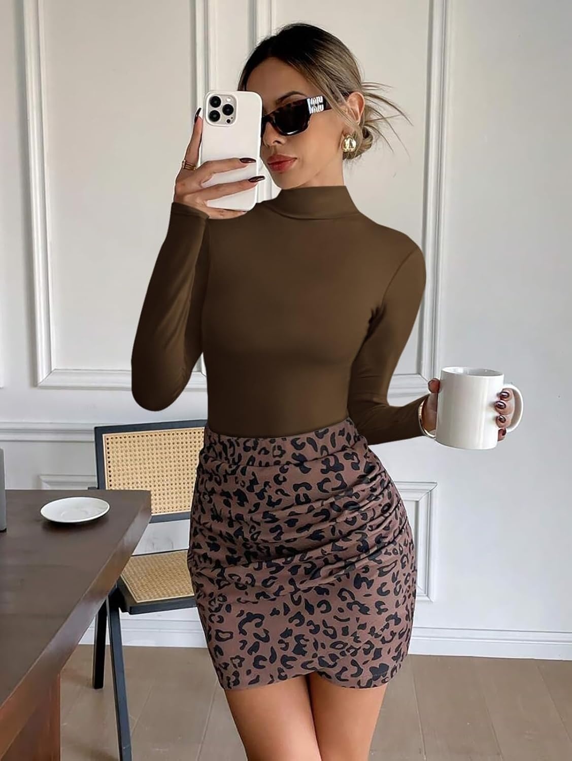 image:imageATHMILE Womens Mock Turtle Neck Long Sleeve Tops Bodysuit JumpsuitCoffee