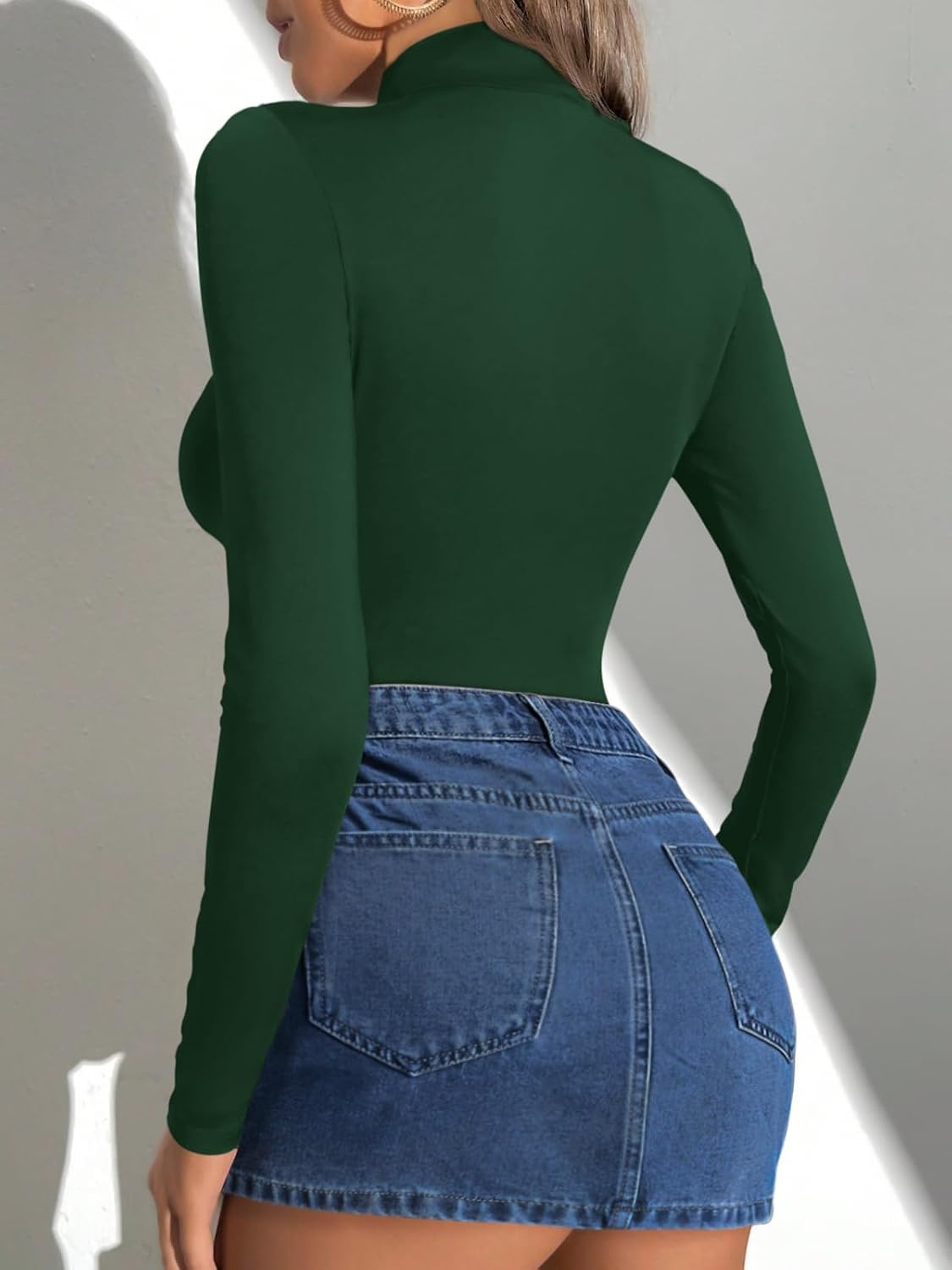 image:imageATHMILE Womens Mock Turtle Neck Long Sleeve Tops Bodysuit JumpsuitGreen