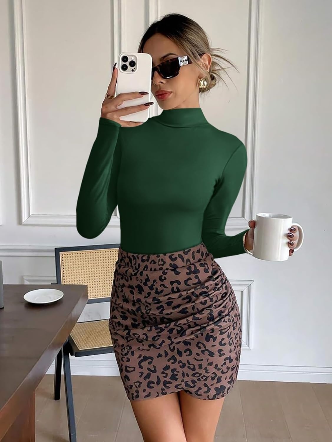 image:imageATHMILE Womens Mock Turtle Neck Long Sleeve Tops Bodysuit JumpsuitGreen