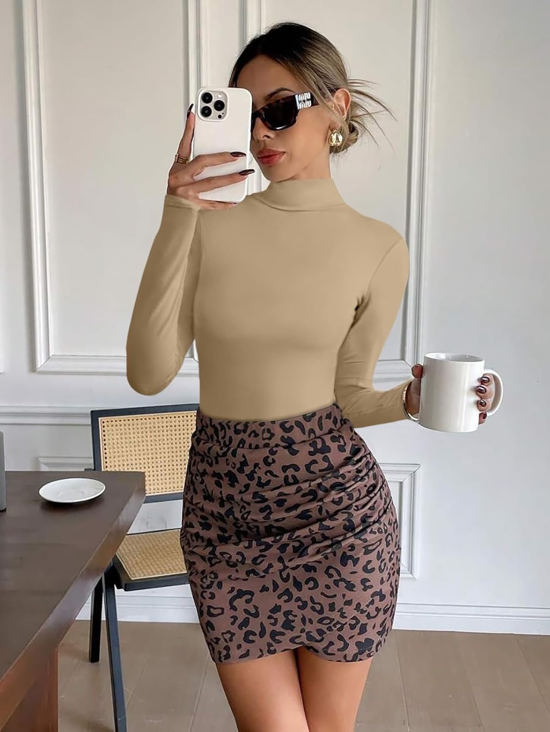 image:imageATHMILE Womens Mock Turtle Neck Long Sleeve Tops Bodysuit JumpsuitLight Coffee