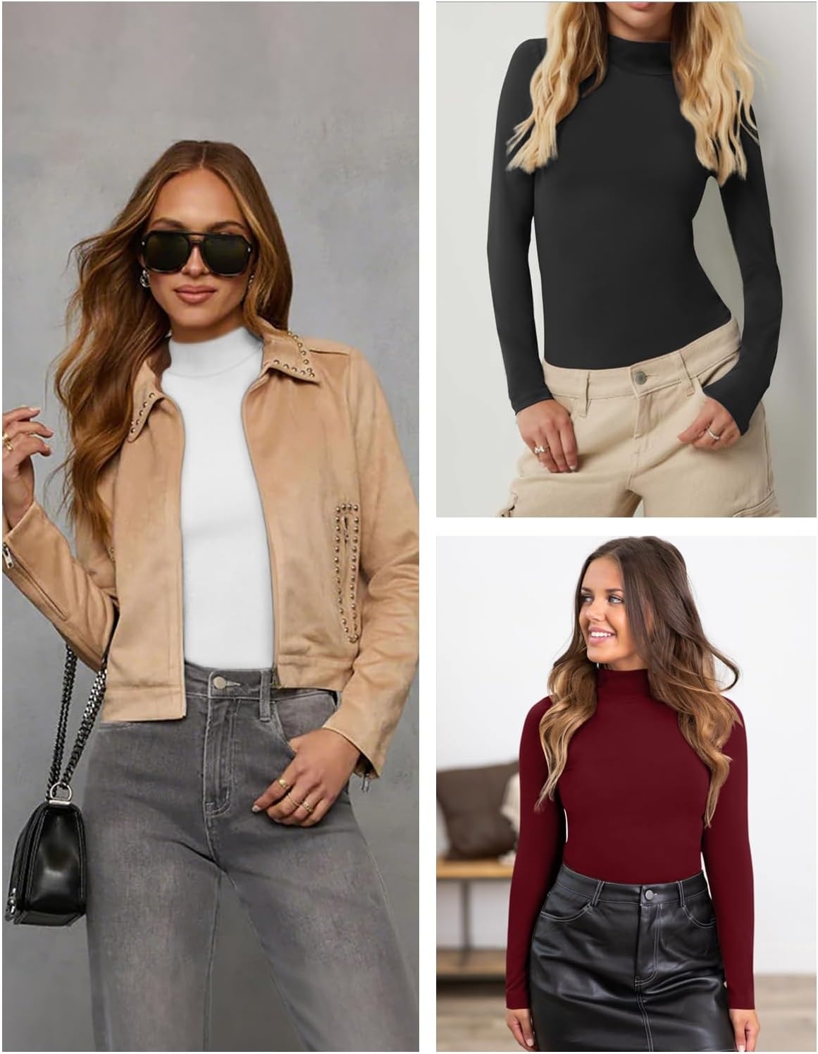 image:imageATHMILE Womens Mock Turtle Neck Long Sleeve Tops Bodysuit JumpsuitLight Coffee