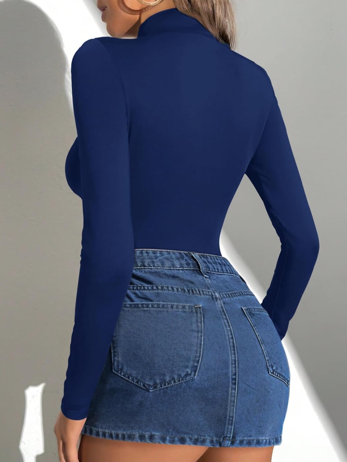 image:imageATHMILE Womens Mock Turtle Neck Long Sleeve Tops Bodysuit JumpsuitNavy Blue
