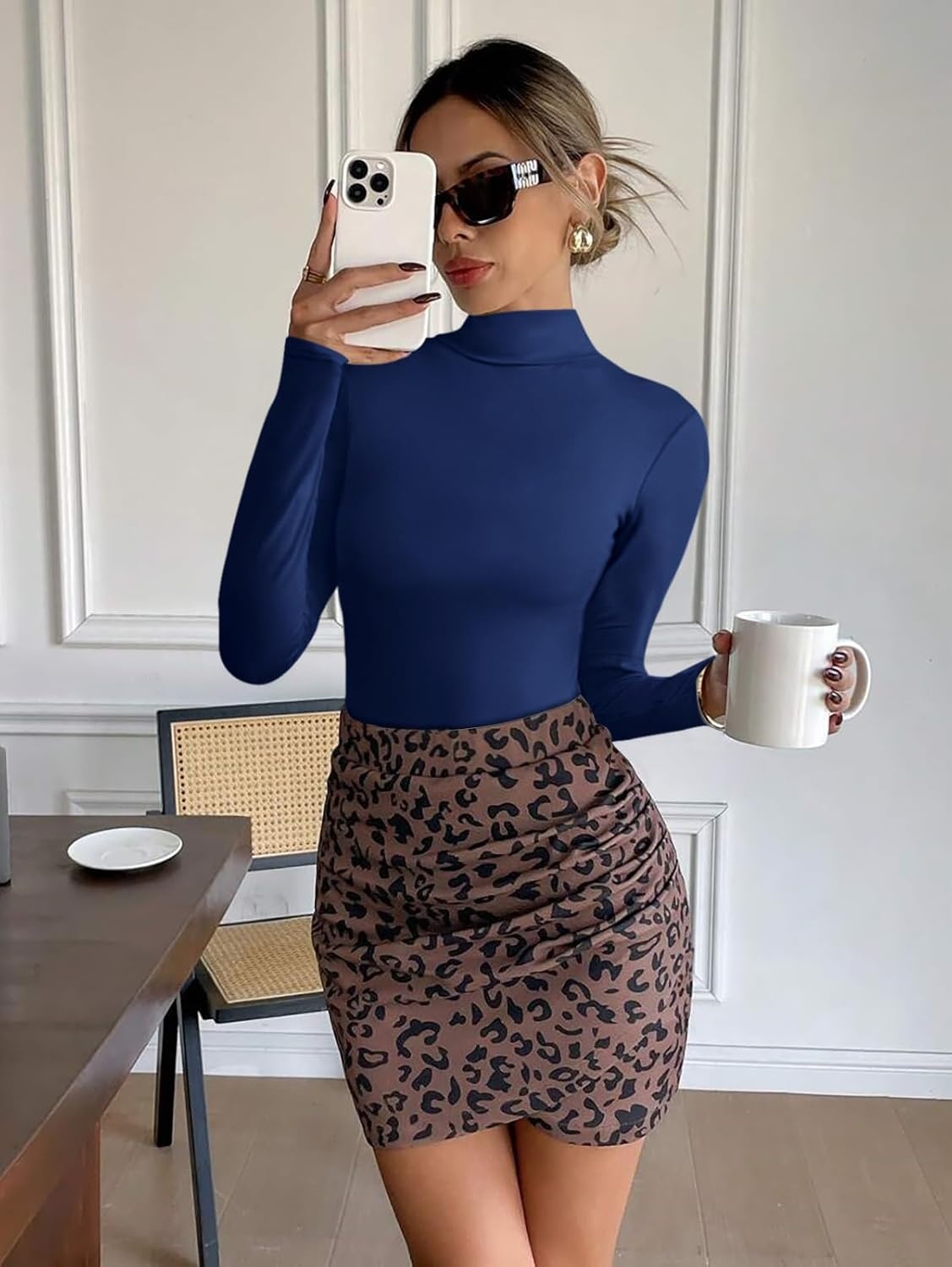 image:imageATHMILE Womens Mock Turtle Neck Long Sleeve Tops Bodysuit JumpsuitNavy Blue