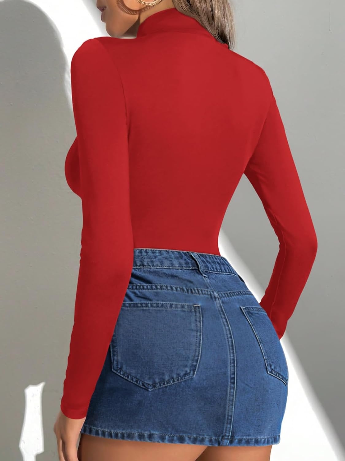 image:imageATHMILE Womens Mock Turtle Neck Long Sleeve Tops Bodysuit JumpsuitRed