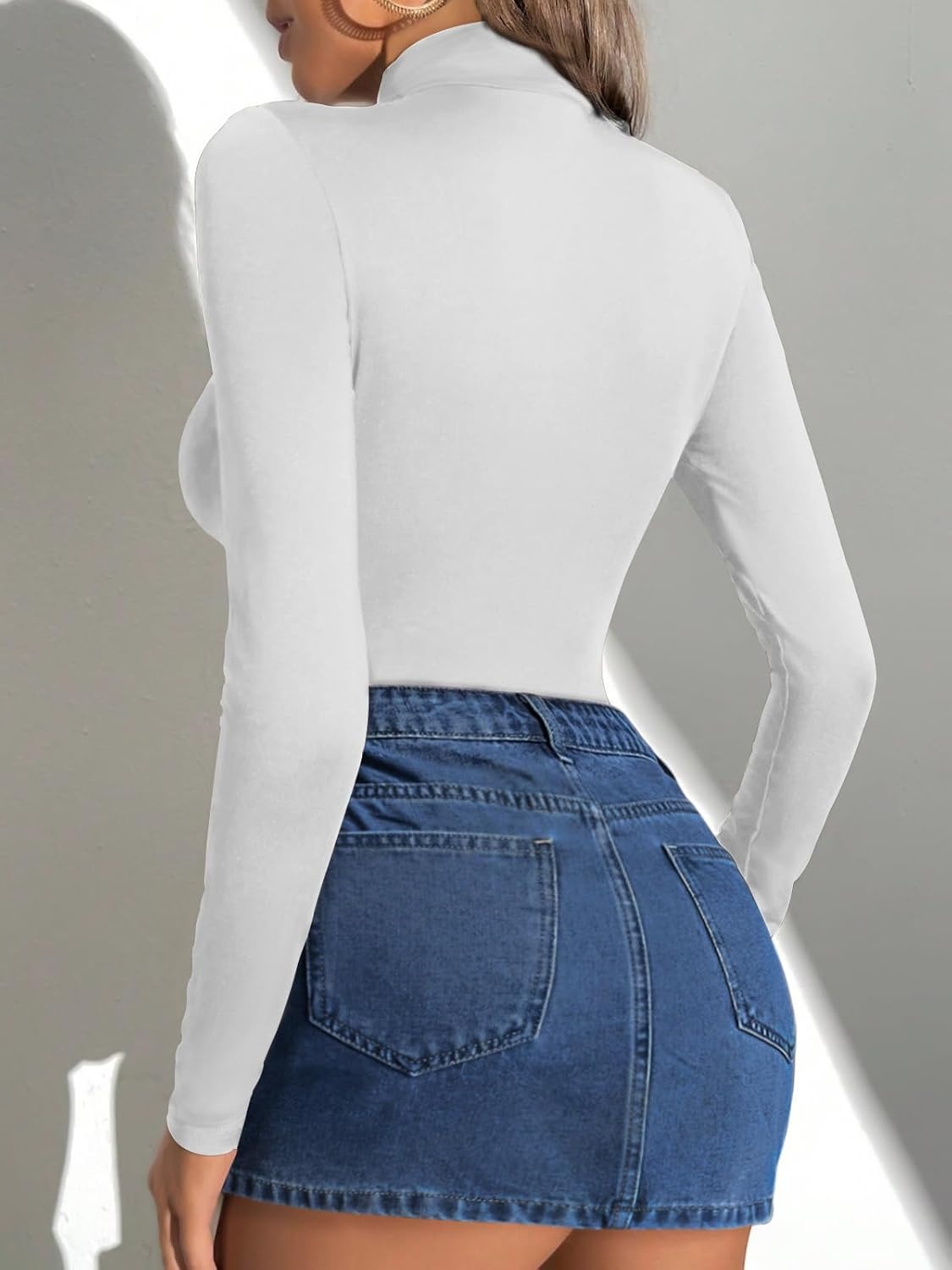 image:imageATHMILE Womens Mock Turtle Neck Long Sleeve Tops Bodysuit JumpsuitWhite