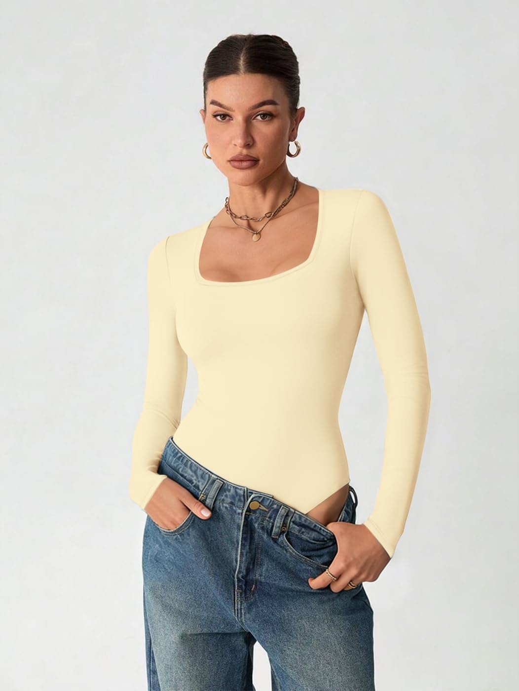 image:imageATHMILE Womens Square Neck Long Sleeve Bodysuit Ribbed Slim Fitted TopsApricot