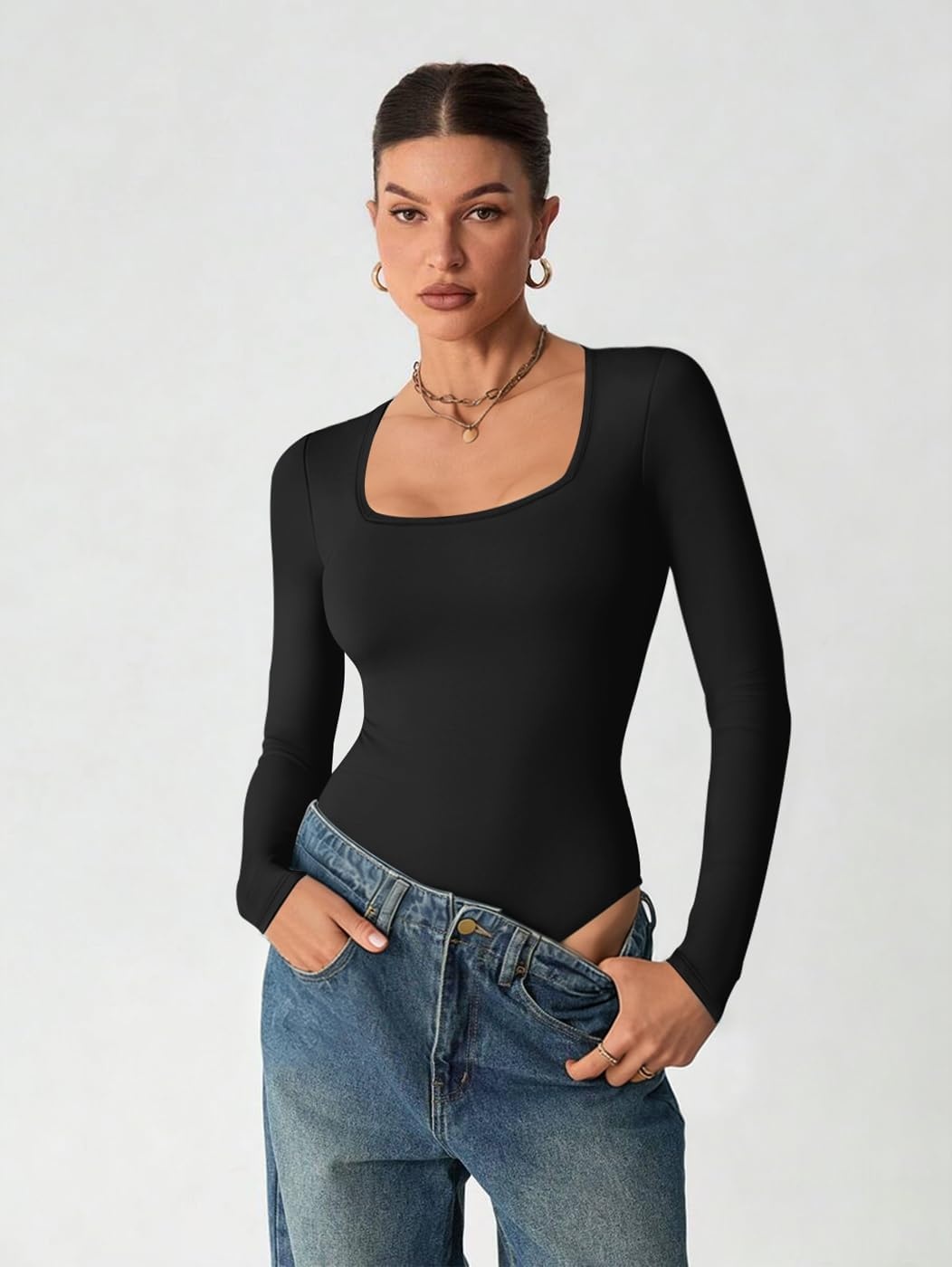 image:imageATHMILE Womens Square Neck Long Sleeve Bodysuit Ribbed Slim Fitted TopsBlack