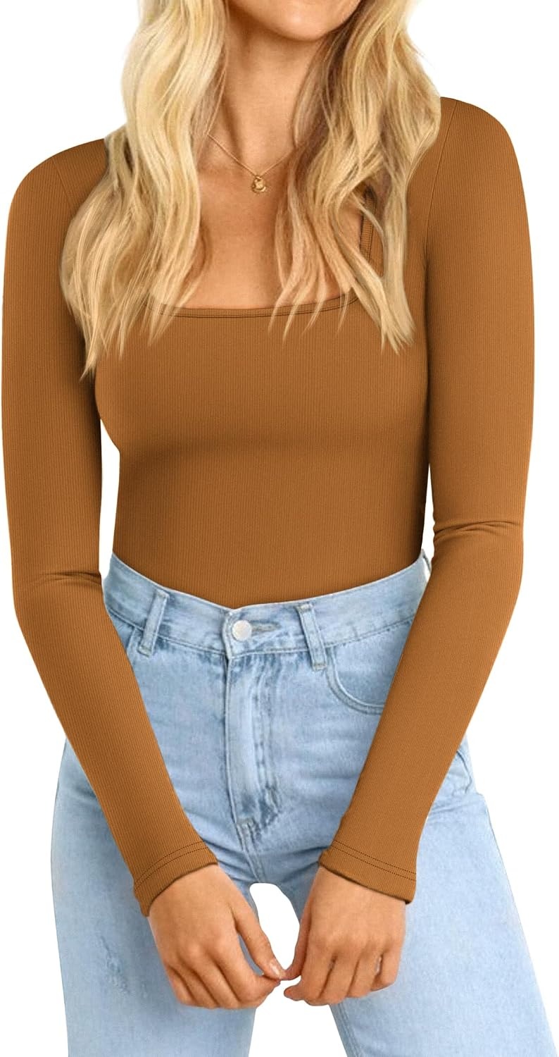 image:imageATHMILE Womens Square Neck Long Sleeve Bodysuit Ribbed Slim Fitted TopsCamel