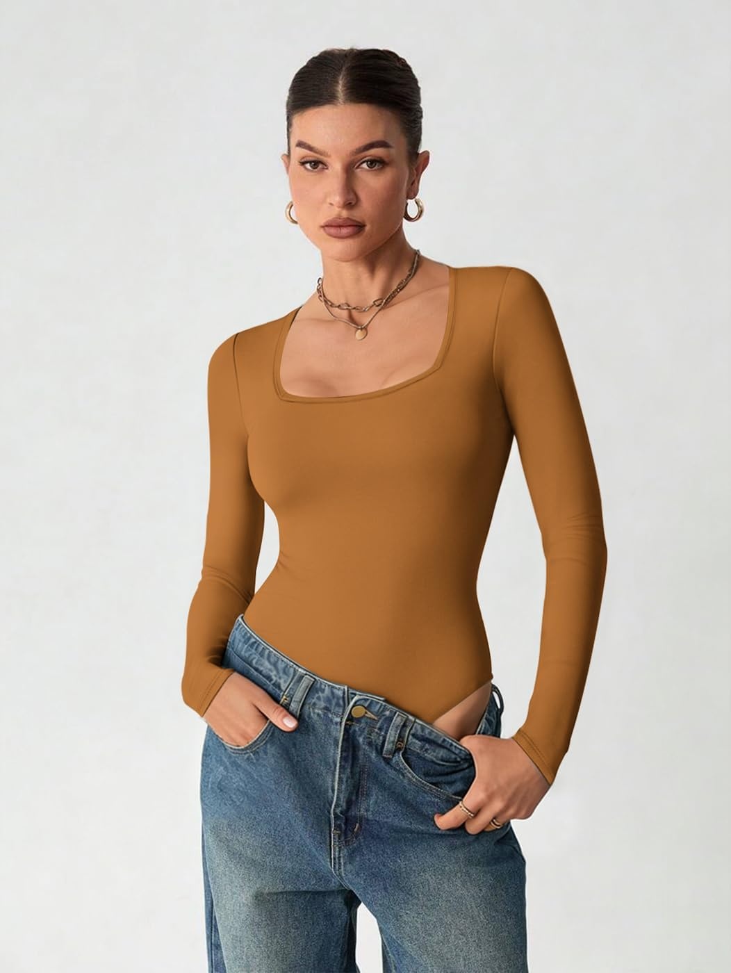 image:imageATHMILE Womens Square Neck Long Sleeve Bodysuit Ribbed Slim Fitted TopsCamel