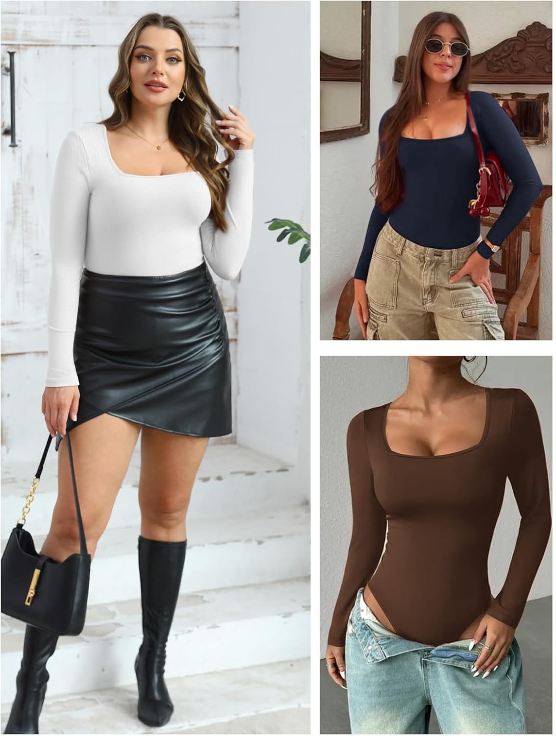 image:imageATHMILE Womens Square Neck Long Sleeve Bodysuit Ribbed Slim Fitted TopsCamel
