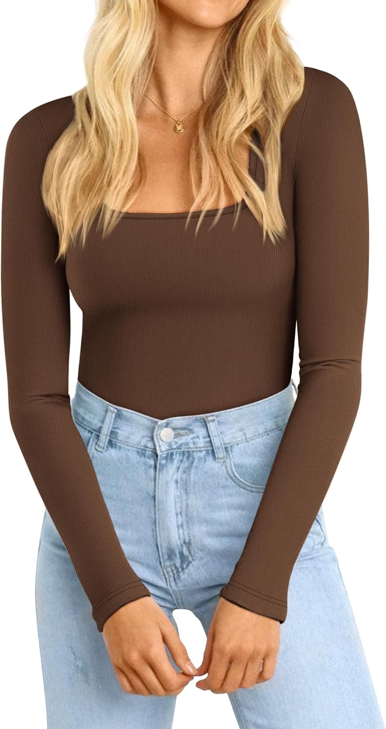 image:imageATHMILE Womens Square Neck Long Sleeve Bodysuit Ribbed Slim Fitted TopsCoffee