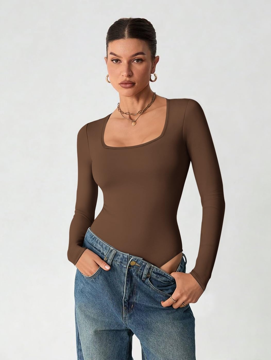 image:imageATHMILE Womens Square Neck Long Sleeve Bodysuit Ribbed Slim Fitted TopsCoffee