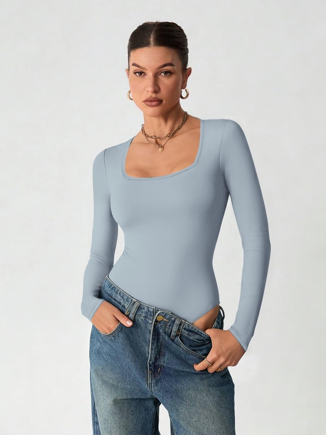 image:imageATHMILE Womens Square Neck Long Sleeve Bodysuit Ribbed Slim Fitted TopsCounty Blue
