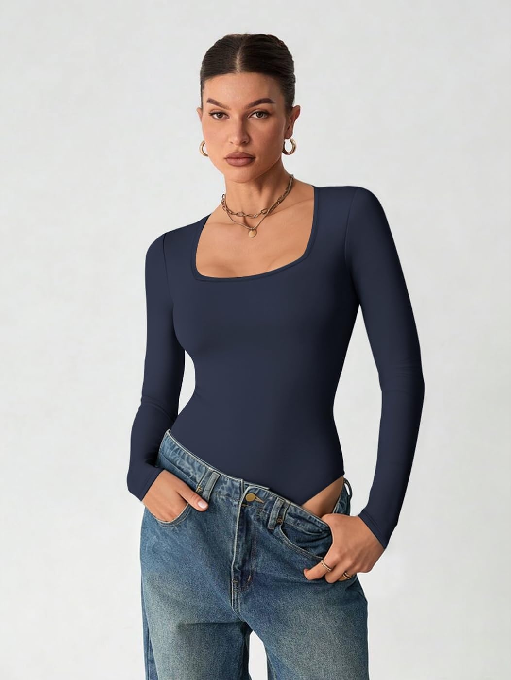 image:imageATHMILE Womens Square Neck Long Sleeve Bodysuit Ribbed Slim Fitted TopsDark Blue