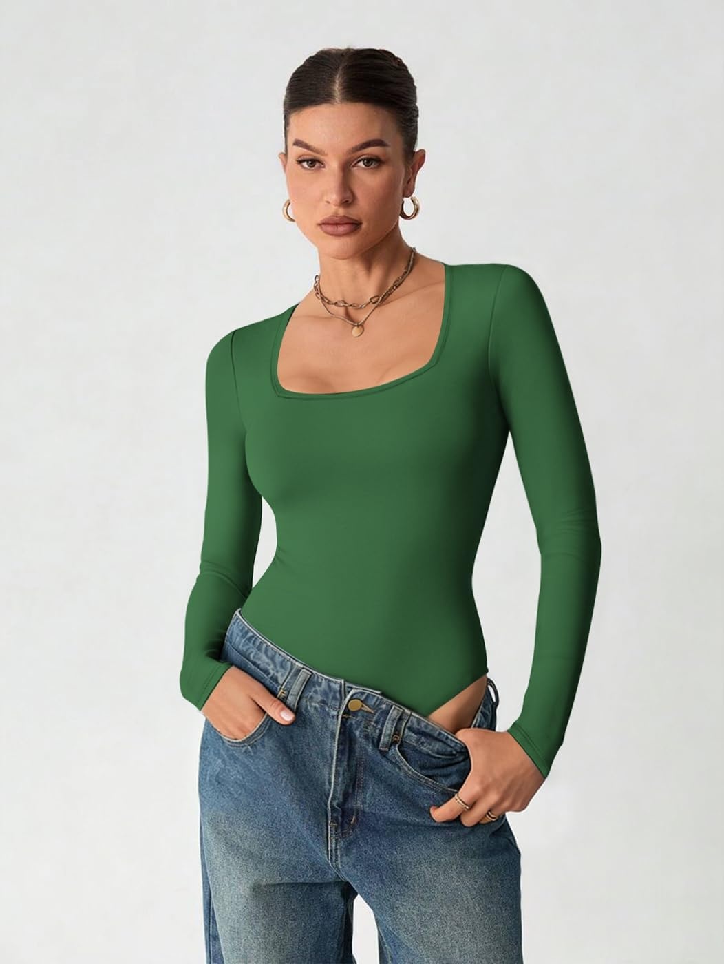 image:imageATHMILE Womens Square Neck Long Sleeve Bodysuit Ribbed Slim Fitted TopsDark Green