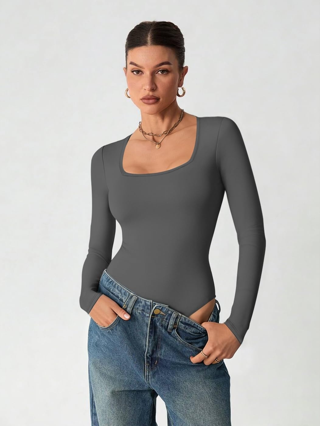 image:imageATHMILE Womens Square Neck Long Sleeve Bodysuit Ribbed Slim Fitted TopsDark Grey