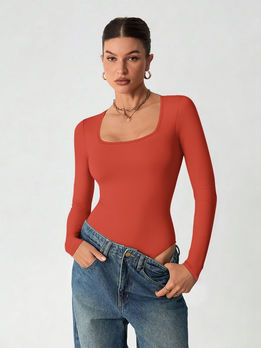 image:imageATHMILE Womens Square Neck Long Sleeve Bodysuit Ribbed Slim Fitted TopsRed