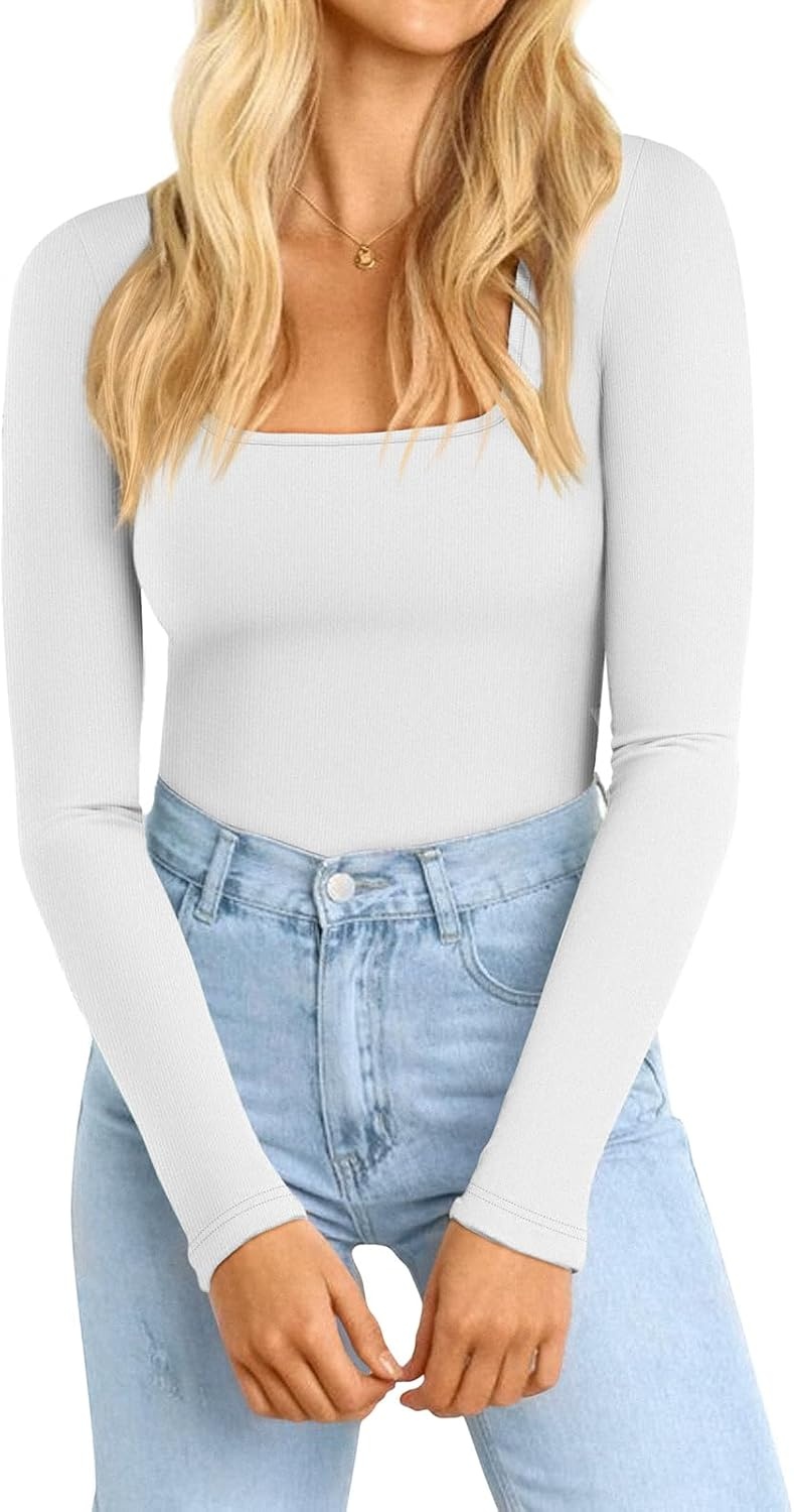 image:imageATHMILE Womens Square Neck Long Sleeve Bodysuit Ribbed Slim Fitted TopsWhite