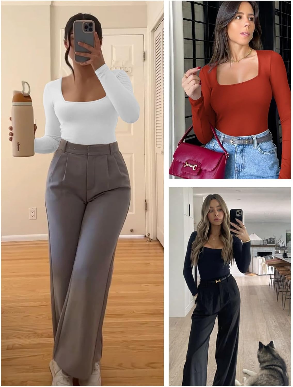 image:imageATHMILE Womens Square Neck Long Sleeve Bodysuit Ribbed Slim Fitted TopsWhite