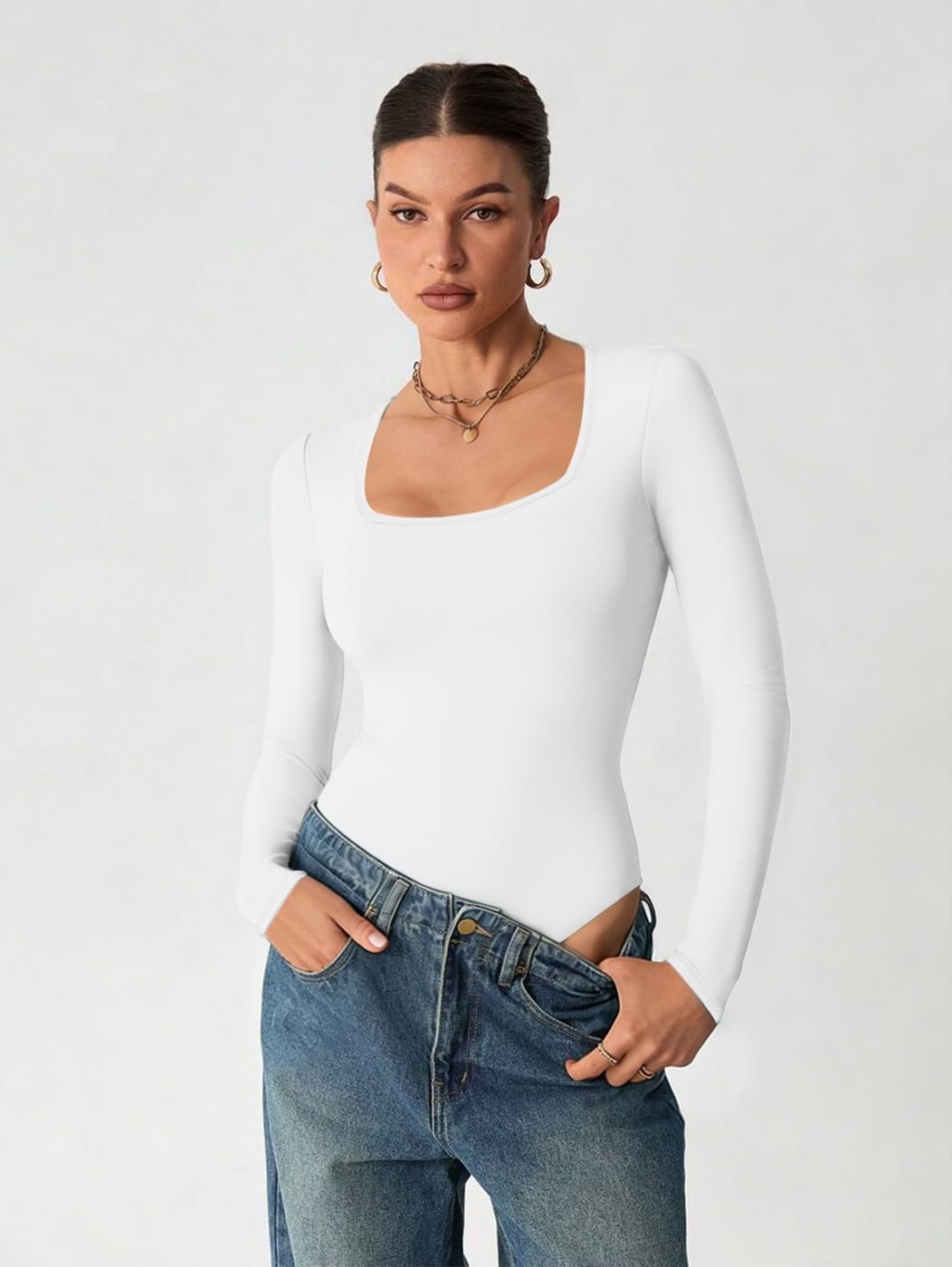 image:imageATHMILE Womens Square Neck Long Sleeve Bodysuit Ribbed Slim Fitted TopsWhite