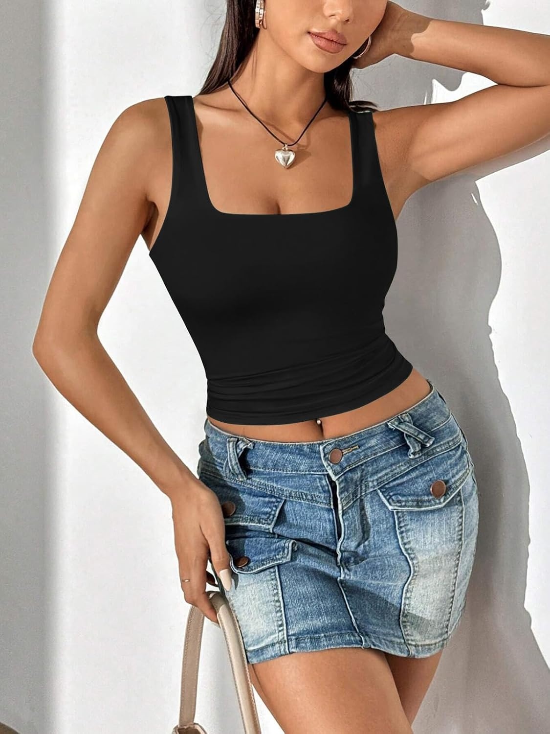image:imageATHMILE Womens Square Neck Tank Top Sleeveless Double Lined Basic TopsBlack