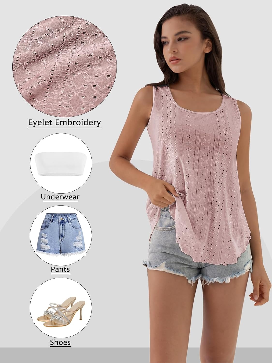 image:imageATHMILE Womens Tank Tops Sleeveless Eyelet Embroidery Scoop Neck Loose Fit Casual Summer Flowy Beach DarkPink