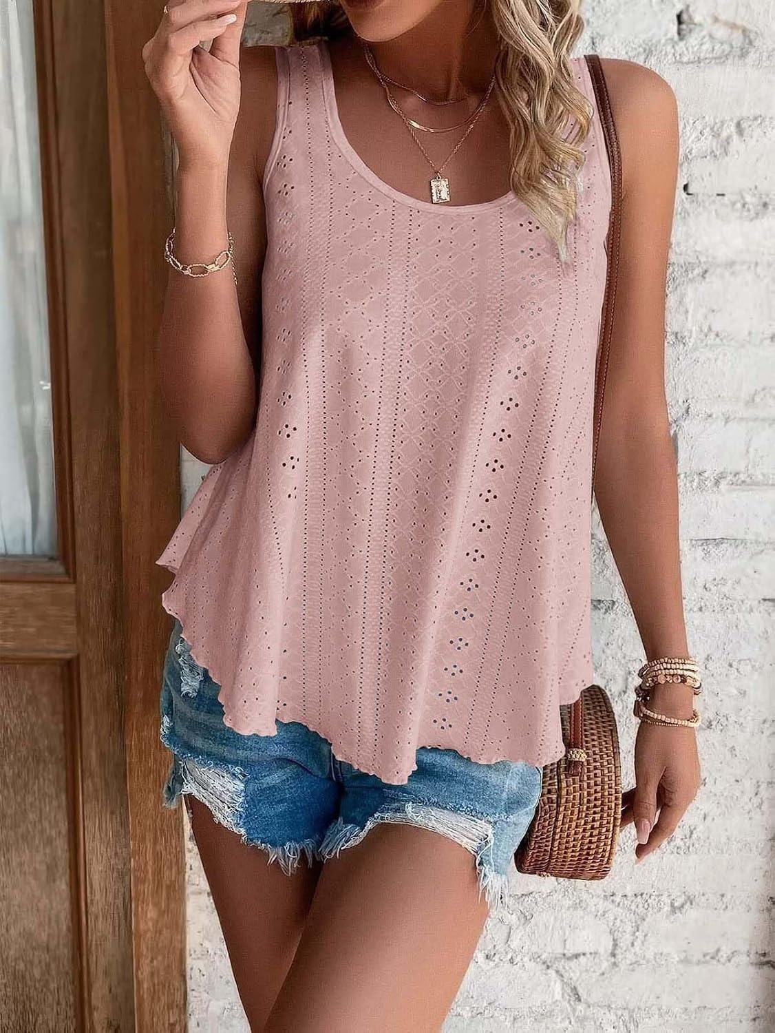 image:imageATHMILE Womens Tank Tops Sleeveless Eyelet Embroidery Scoop Neck Loose Fit Casual Summer Flowy Beach DarkPink