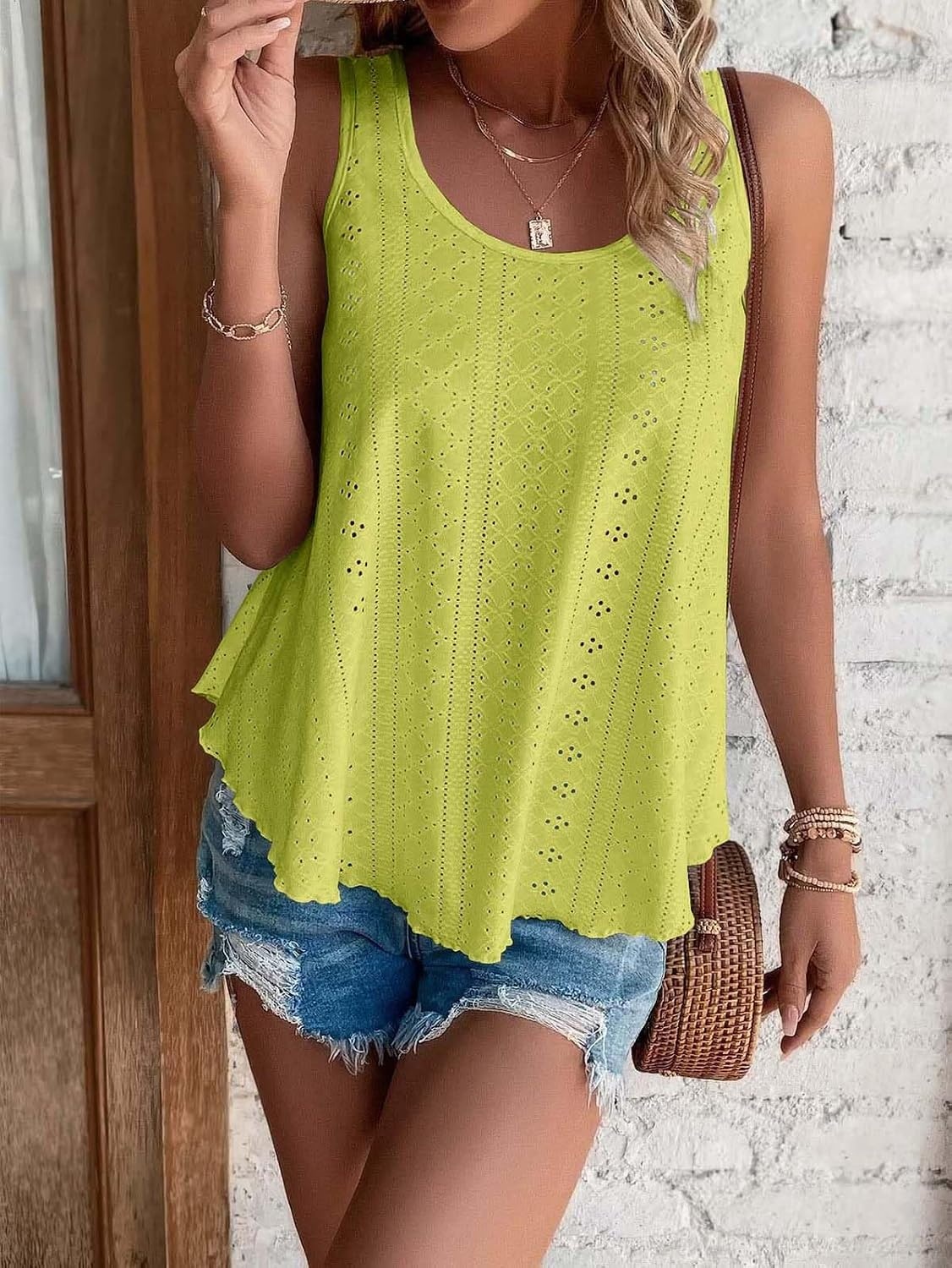 image:imageATHMILE Womens Tank Tops Sleeveless Eyelet Embroidery Scoop Neck Loose Fit Casual Summer Flowy Beach Lime Green
