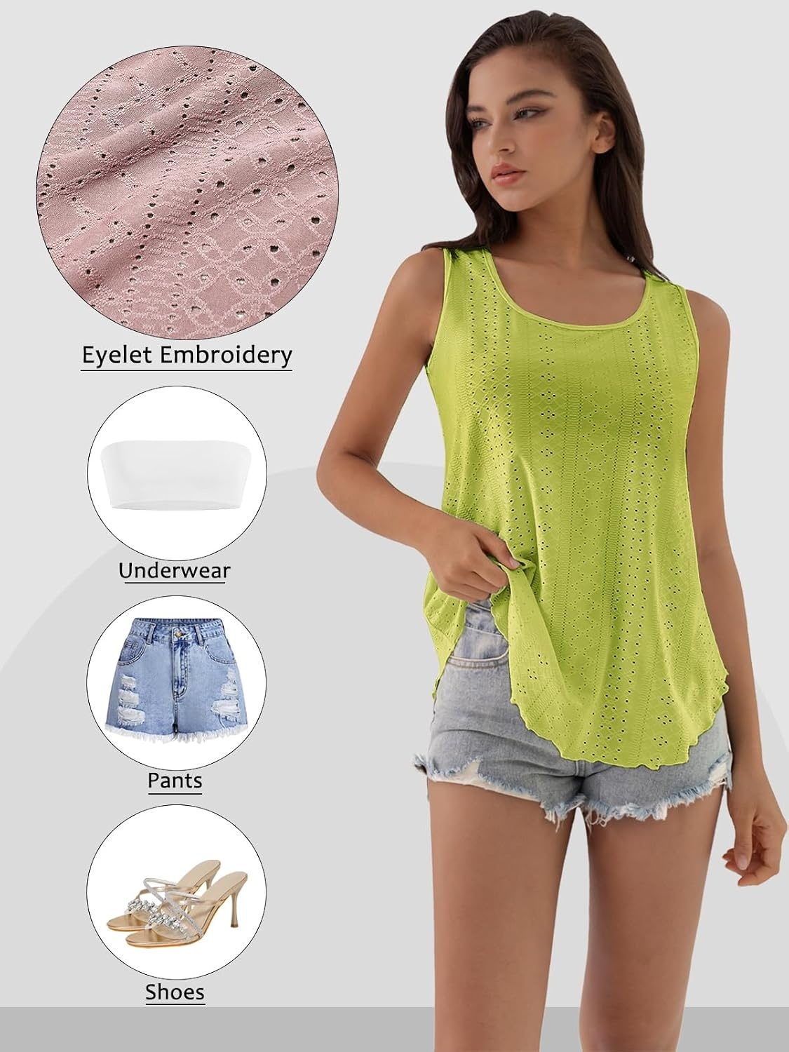 image:imageATHMILE Womens Tank Tops Sleeveless Eyelet Embroidery Scoop Neck Loose Fit Casual Summer Flowy Beach Lime Green