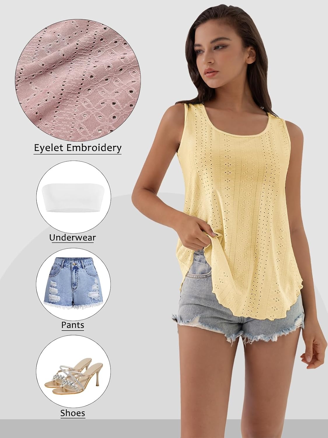 image:imageATHMILE Womens Tank Tops Sleeveless Eyelet Embroidery Scoop Neck Loose Fit Casual Summer Flowy Beach Yellow