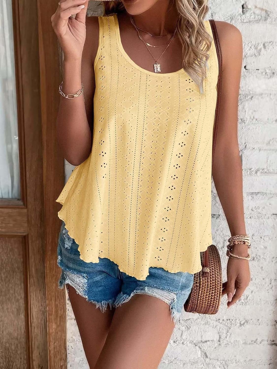 image:imageATHMILE Womens Tank Tops Sleeveless Eyelet Embroidery Scoop Neck Loose Fit Casual Summer Flowy Beach Yellow
