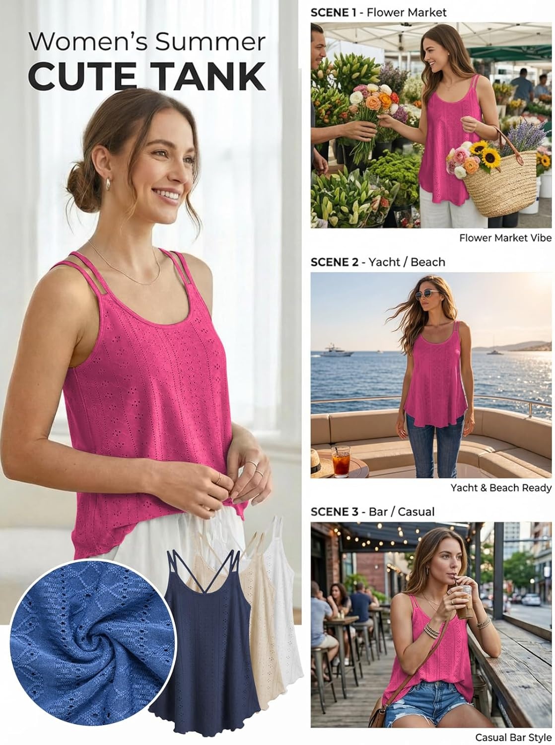 image:imageATHMILE Womens Tank Tops Sleeveless Summer Top Spaghetti Strap Spring Shirt Loose Fit Beach Vacation 2026 CasualHot Pink