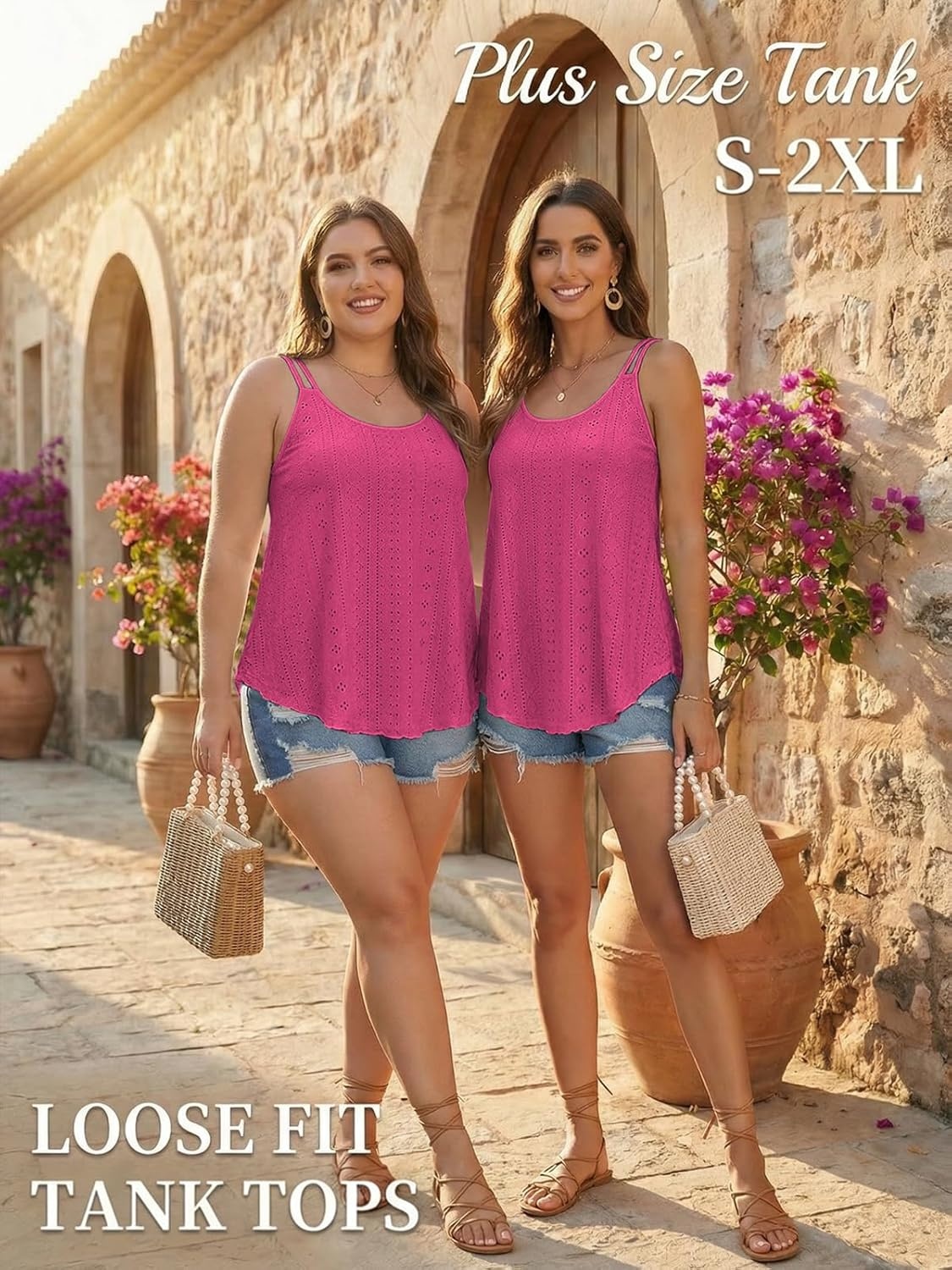 image:imageATHMILE Womens Tank Tops Sleeveless Summer Top Spaghetti Strap Spring Shirt Loose Fit Beach Vacation 2026 CasualHot Pink
