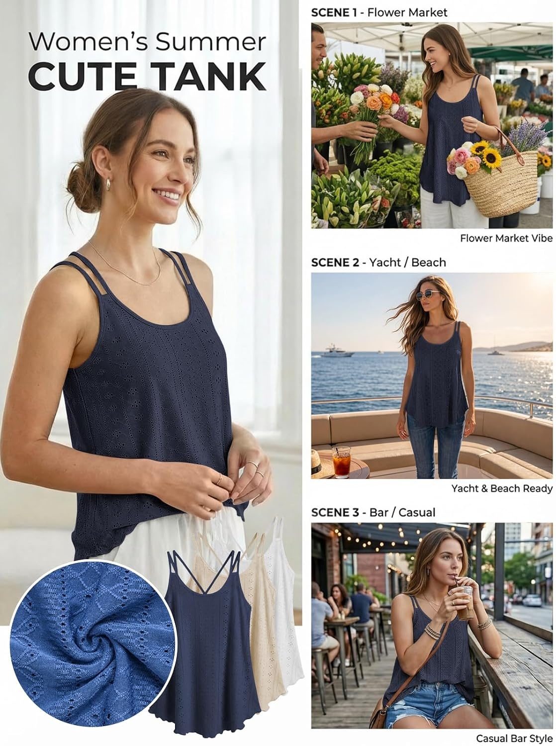 image:imageATHMILE Womens Tank Tops Sleeveless Summer Top Spaghetti Strap Spring Shirt Loose Fit Beach Vacation 2026 CasualNavy